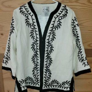Tan Black Patchwork Linen Jacket Blazer Sweater Top Tunic Blouse Louis Dell'Olio